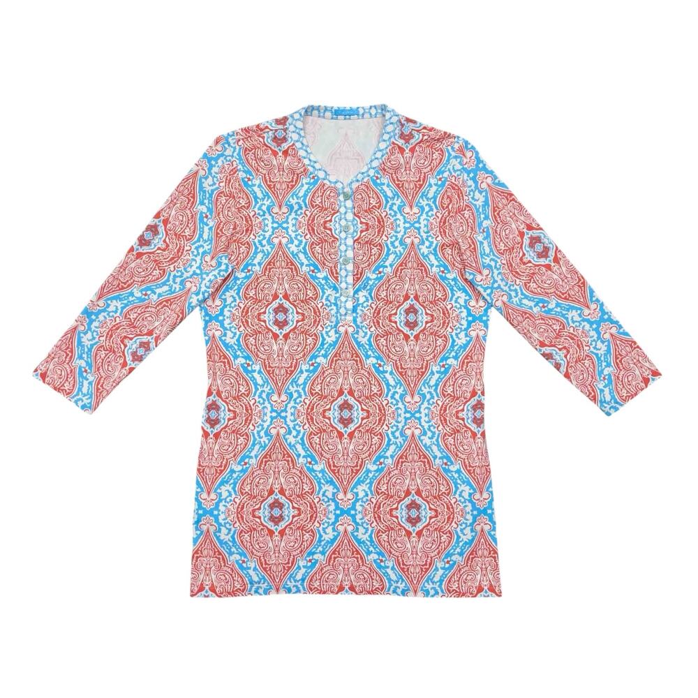 J. McLaughlin Catalina Tunic L Blue Red 3/4 Sleeves Feminine Casual Boho Resort